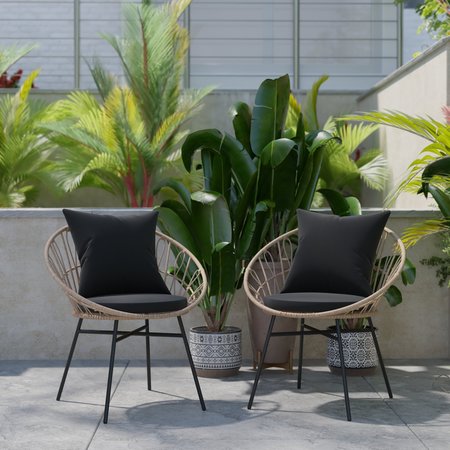 FLASH FURNITURE Tan Rattan Rope Chairs - Black Cushions, PK 2 TW-VN017-TAN-BK-GG